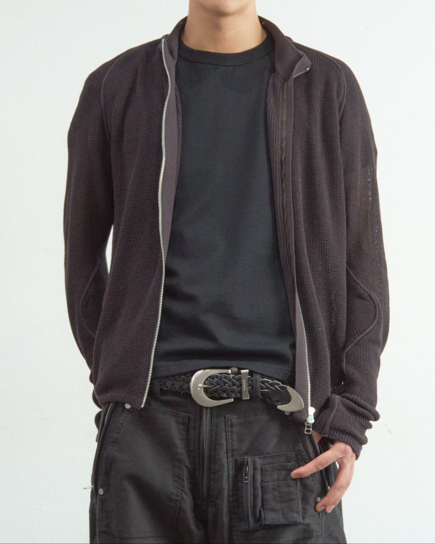 SEMI SHEER DRIVERS ZIP UP SWEATER