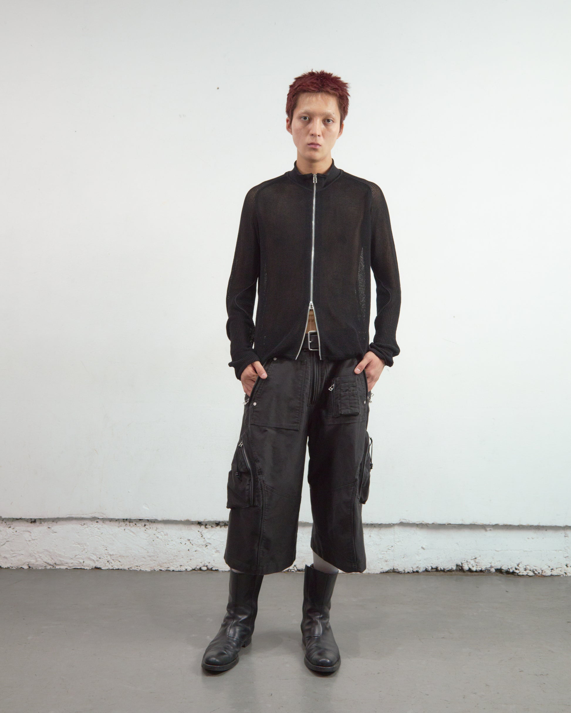 SEMI SHEER DRIVERS ZIP UP SWEATER