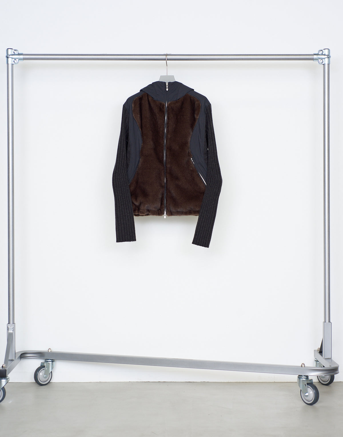 KNITTED SLEEVE PANELLED ZIP UP HOODED JACKET
