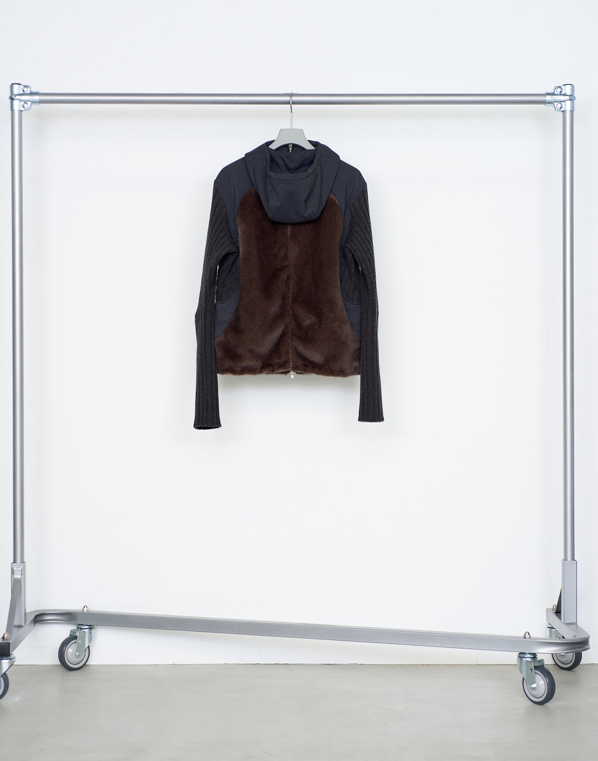 KNITTED SLEEVE PANELLED ZIP UP HOODED JACKET