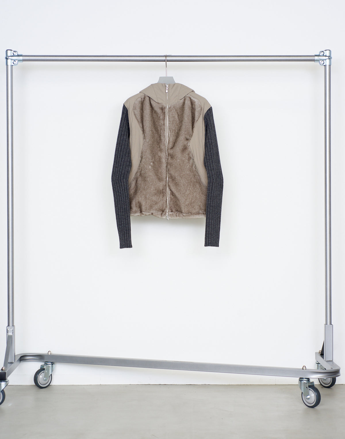 KNITTED SLEEVE PANELLED ZIP UP HOODED JACKET