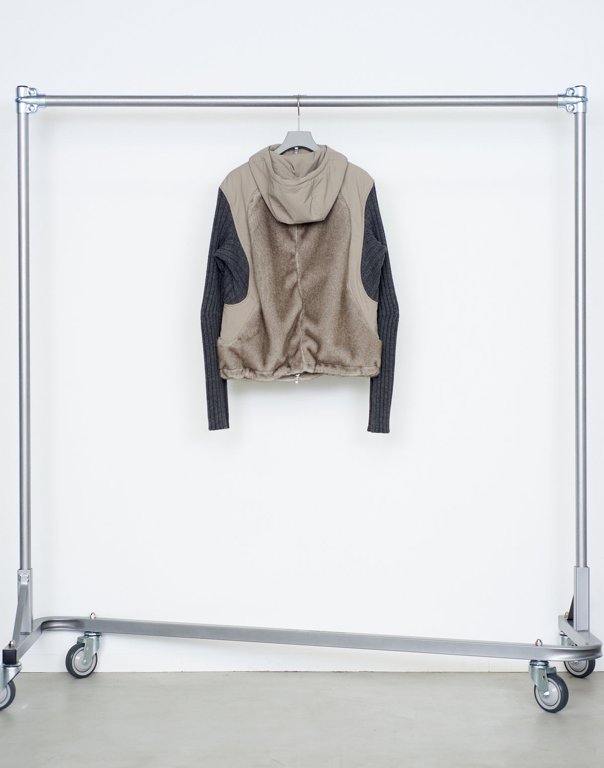 KNITTED SLEEVE PANELLED ZIP UP HOODED JACKET