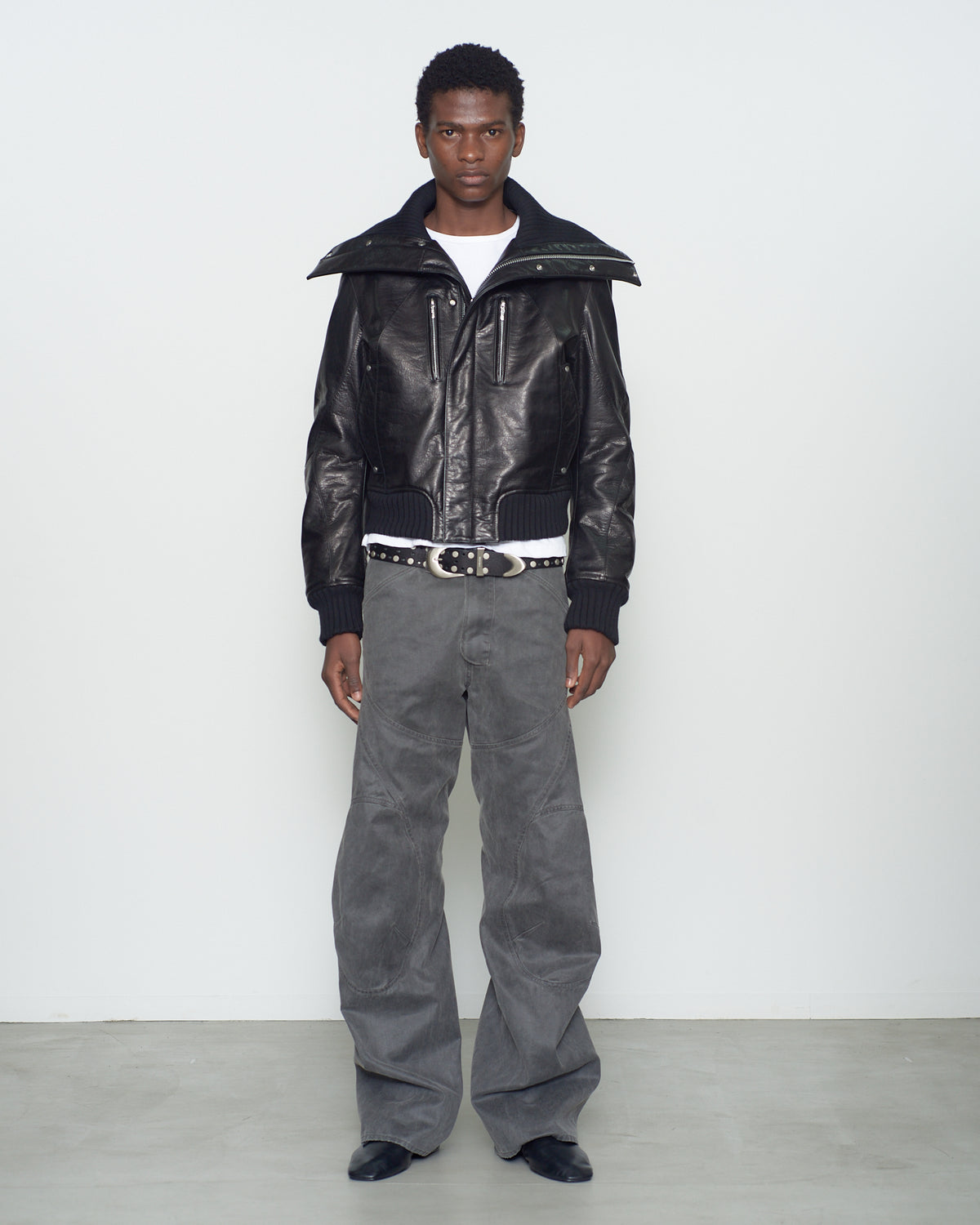 LEATHER PADDED HIGH NECK BOMBER JACKET