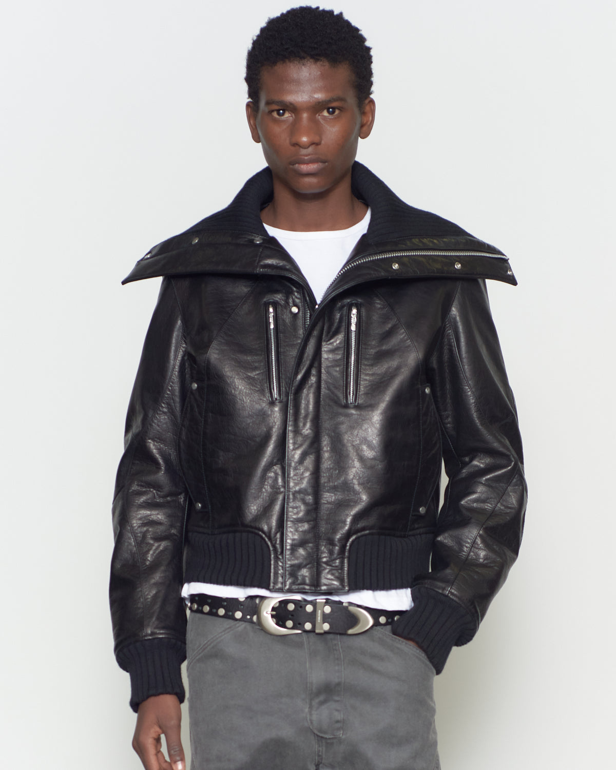 LEATHER PADDED HIGH NECK BOMBER JACKET