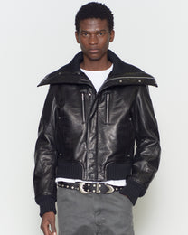 LEATHER PADDED HIGH NECK BOMBER JACKET
