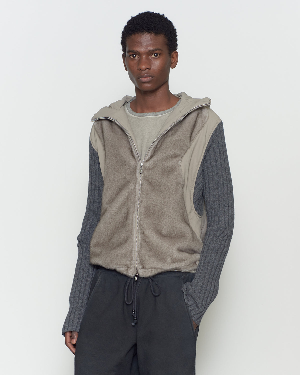 KNITTED SLEEVE PANELLED ZIP UP HOODED JACKET