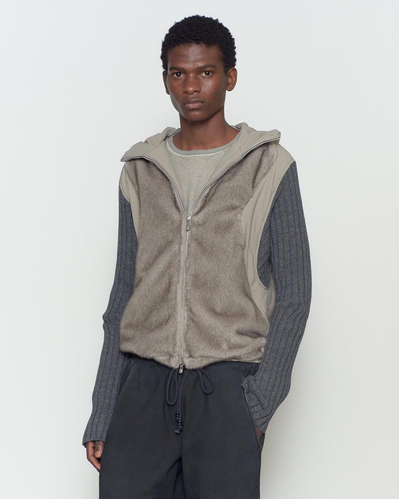KNITTED SLEEVE PANELLED ZIP UP HOODED JACKET