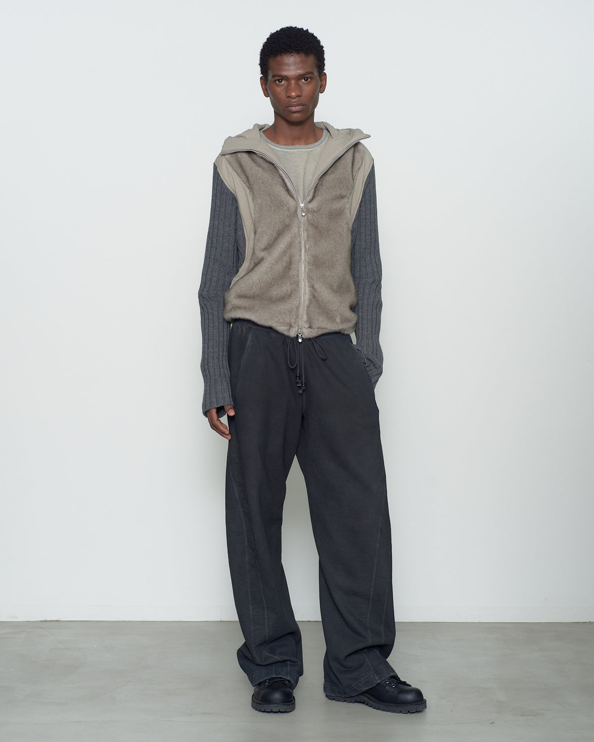 KNITTED SLEEVE PANELLED ZIP UP HOODED JACKET