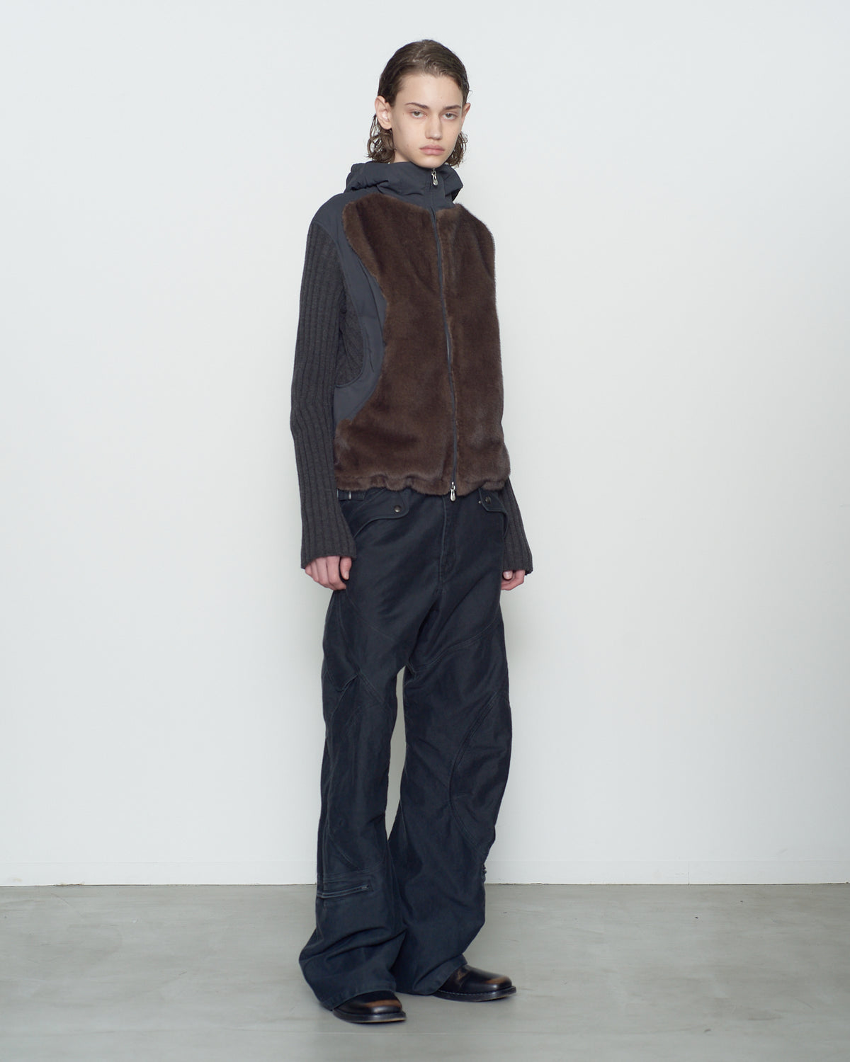 KNITTED SLEEVE PANELLED ZIP UP HOODED JACKET