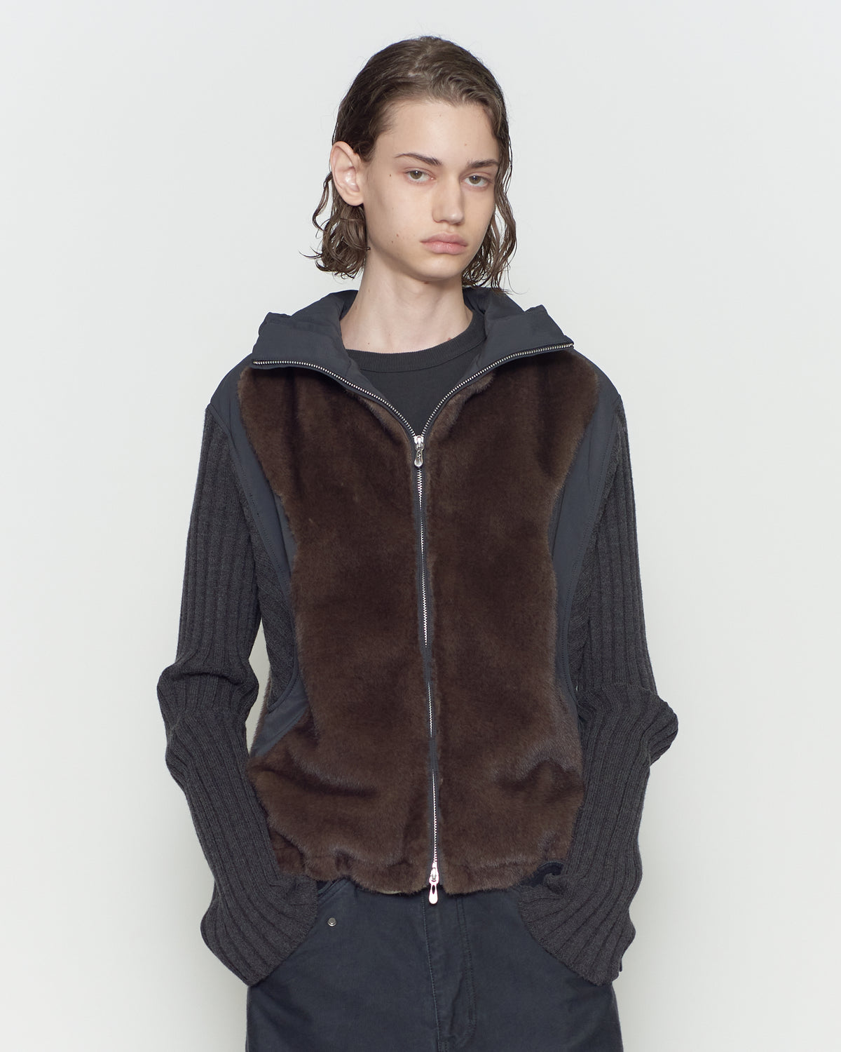 KNITTED SLEEVE PANELLED ZIP UP HOODED JACKET
