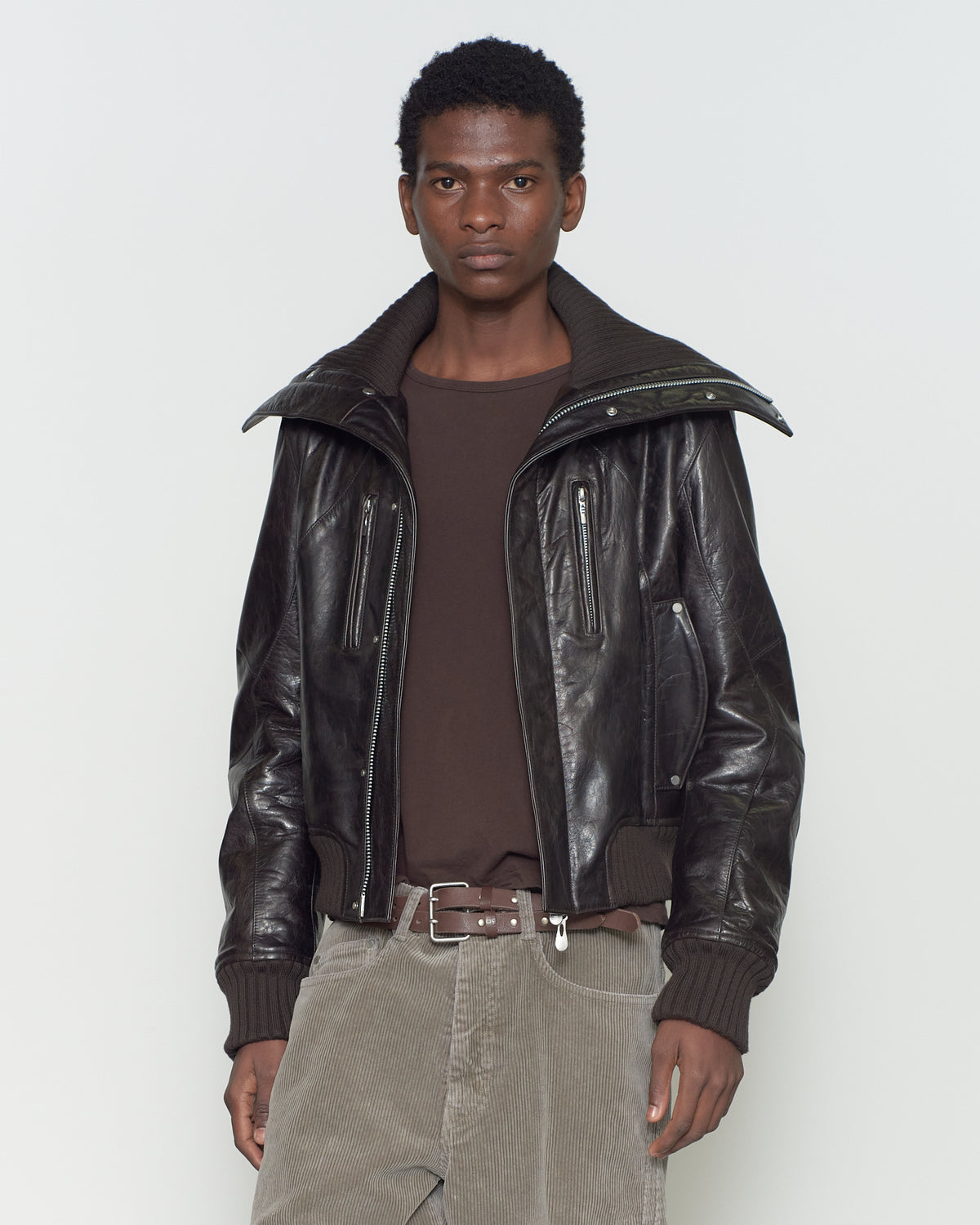 LEATHER PADDED HIGH NECK BOMBER JACKET