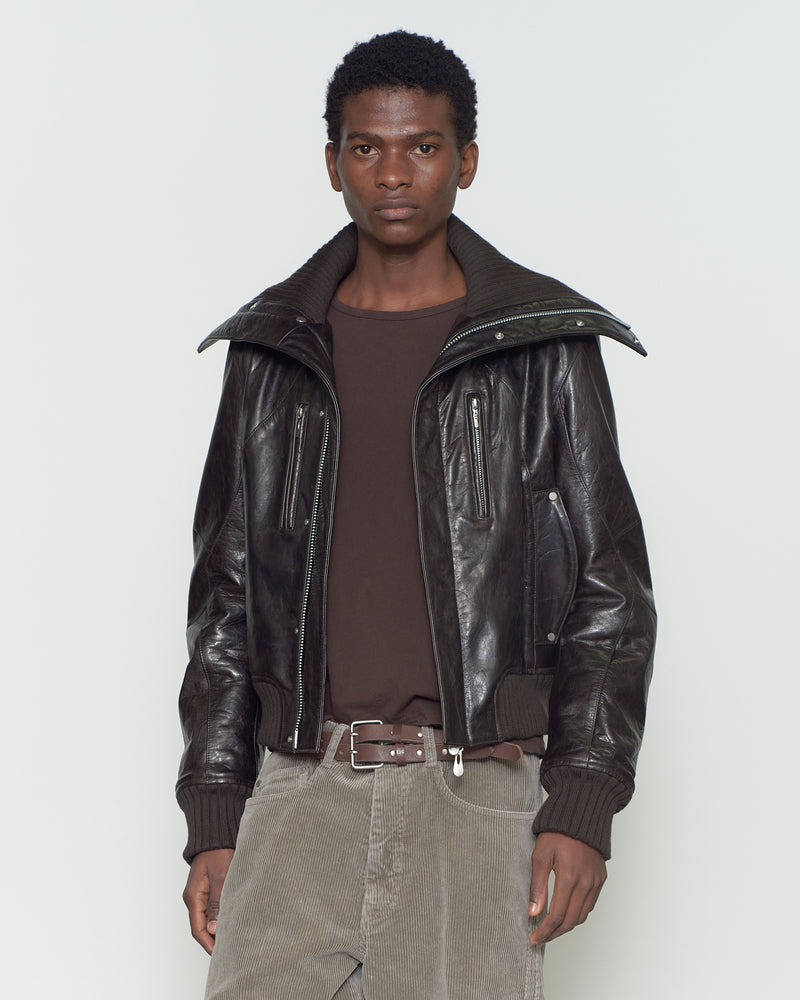 LEATHER PADDED HIGH NECK BOMBER JACKET