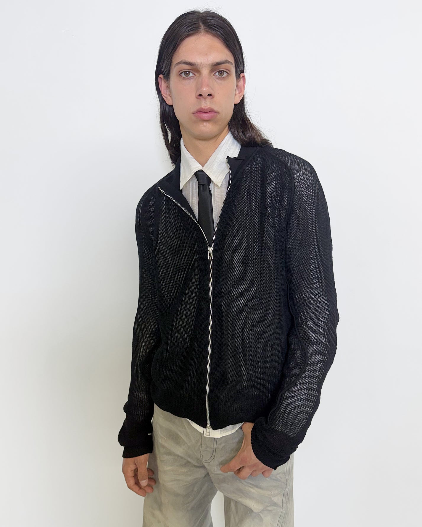 SEMI SHEER DRIVERS ZIP UP SWEATER